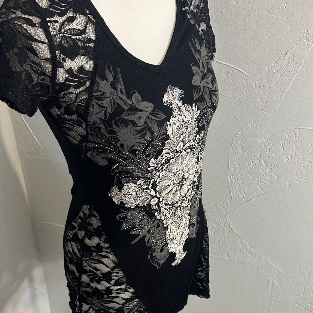 Vocal Black Top with White Lace Design - Picture 3 of 12